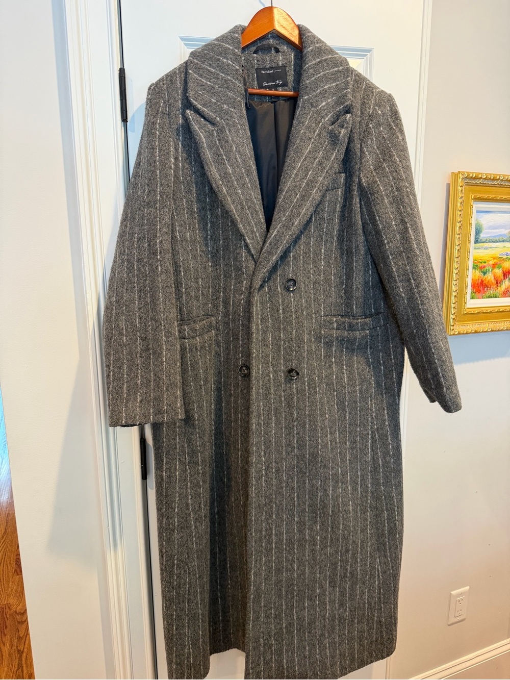 River Island Grey Pinstripe Double-Breasted longline Coat - Picture 2 of 8